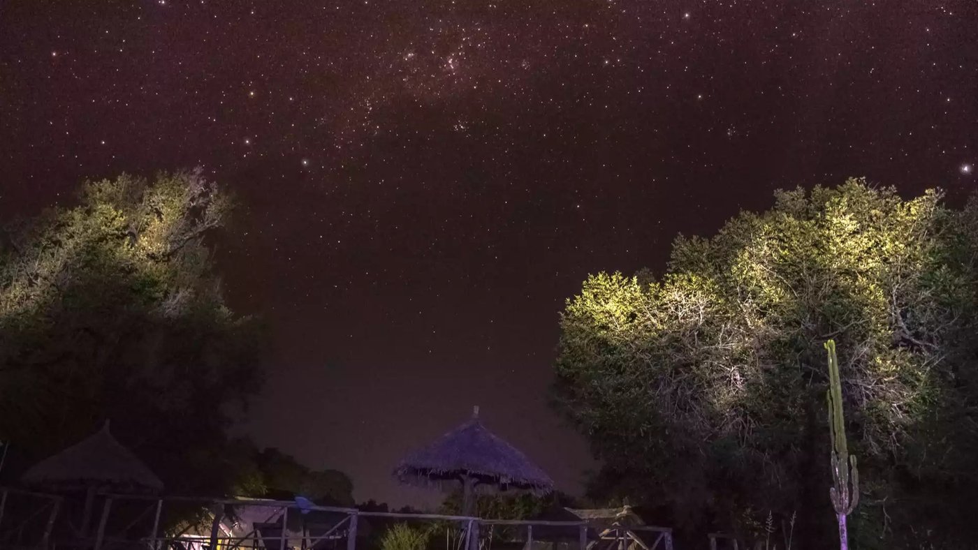 Sterne erfüllen den Himmel über Strohdächern bei Africa Safari Selous.