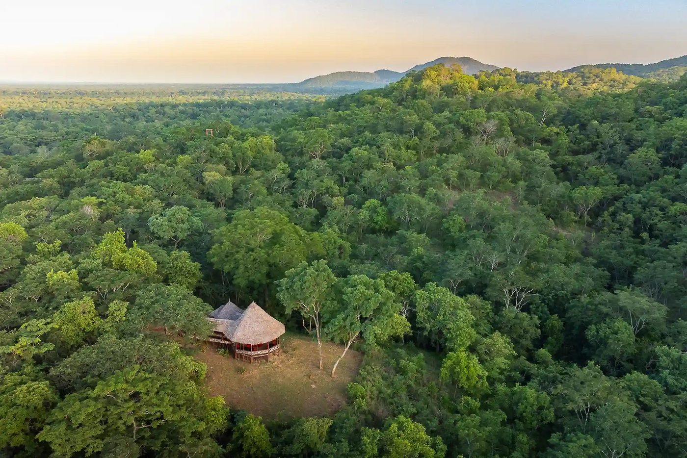 Das strohgedeckte Gästehaus der Sable Mountain Lodge sitzt allein im Waldcanopy von Nyerere.