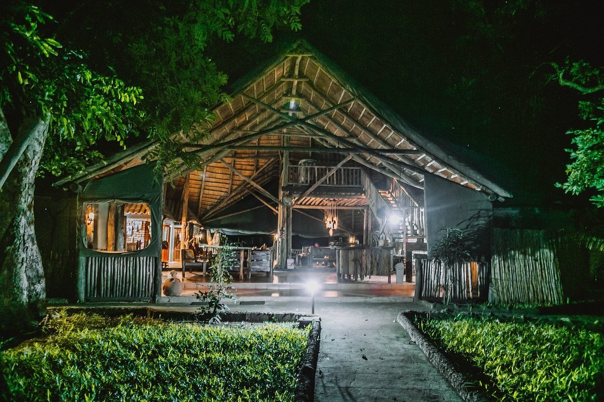 Lodgegebäude, die nachts unter strohdachgedeckten Dächern beleuchtet sind, der Selous Kinga Lodge